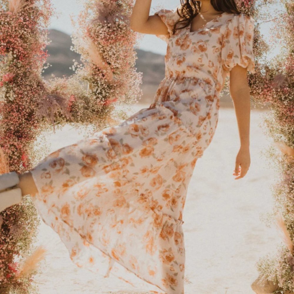 Bohemian Dusty Orange Floral Midi Dress Sz S by Blu Pepper - Picture 5 of 15